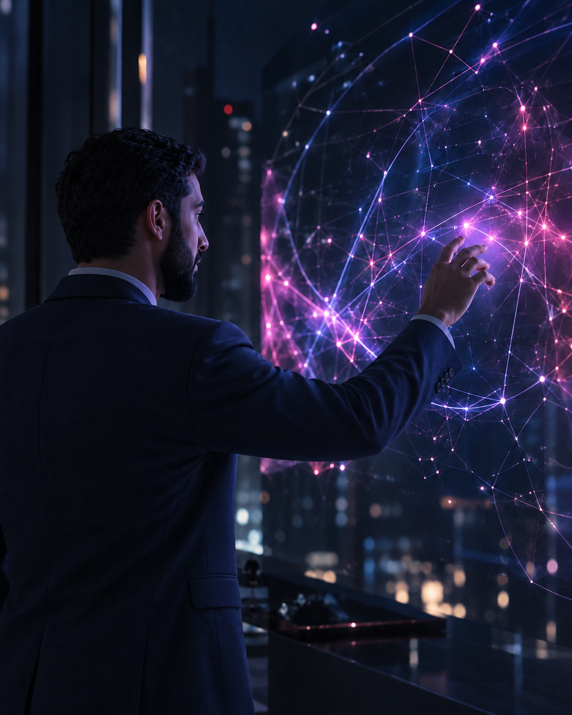 متخصص تقني عربي يتفاعل مع شبكة رقمية مترابطة